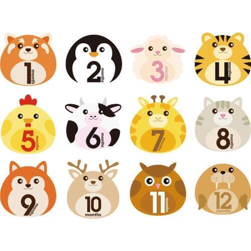 12 Pcs/Set Animal First Year Monthly Milestone Photo Sharing Baby Cards Gift Belly Stickers 1-12 Months for Baby Photo Keepsakes