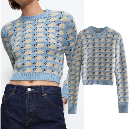 2020 new Women Autumn winter Little sheep print knitted sweater O-Neck Long sleeve sweater pullover Casual Knitted top