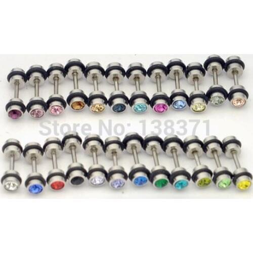 24 colors for choose 4mm Width Black Circle Austrian crystal titanium dumbbell Men Women pierced stud earrings