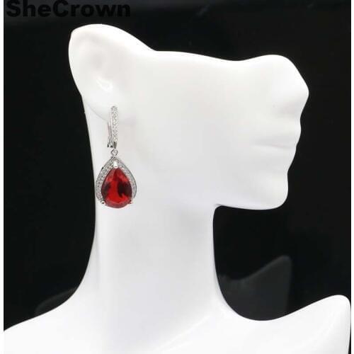 34x14mm Classic Drop Shape Created Red Blood Ruby Natural White CZ Silve Earrings