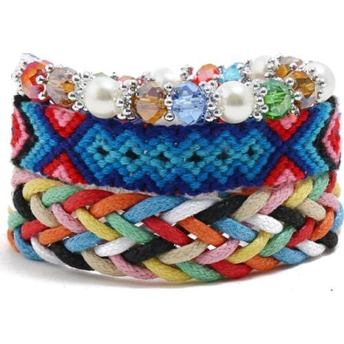 Boho Bohemian Crystal Wristbands Bracelet Set Colorful Rhinestone Pearl Beads Charms Braided Leather Bangle Wrap Fashion Jewelry