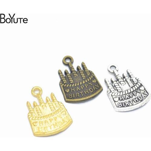 BoYuTe (60 Pieces/Lot) Wholesale Metal Alloy 22*15MM Happy Birthday Cake Charms Pendant Vintage Diy Jewelry Accessories
