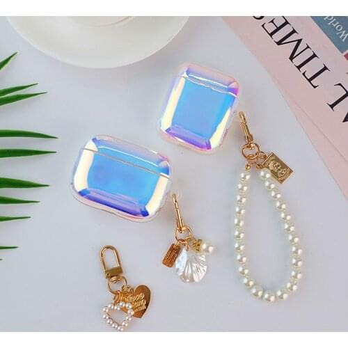 Cute Laser Colorful Shell TPU Soft Headset Cover For Apple airpods 1 2 For AirPods pro 3 Bluetooth Earphone Case Pearl Keychain
