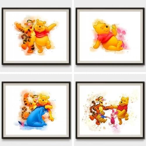 Disney Winnie Watercolor The Pooh Canvas Art Paintings Cartoon Poster and Print Wall Art Picture for Kids Room Nursery Decor