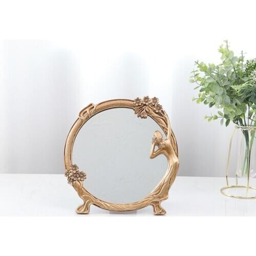 French Retro Resin Makeup Mirror Simple Household Desktop Golden Figure Embossed Decorative Mirror Light Luxury Home Decoration