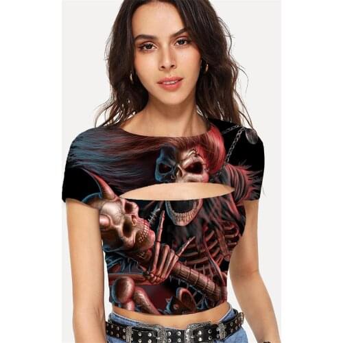 Somepet Skull T shirt Women Skeleton Navel Bare Hip Hop Tshirts Casual Punk Tshirt Printed Rock T-shirts 3d Womens Clothing
