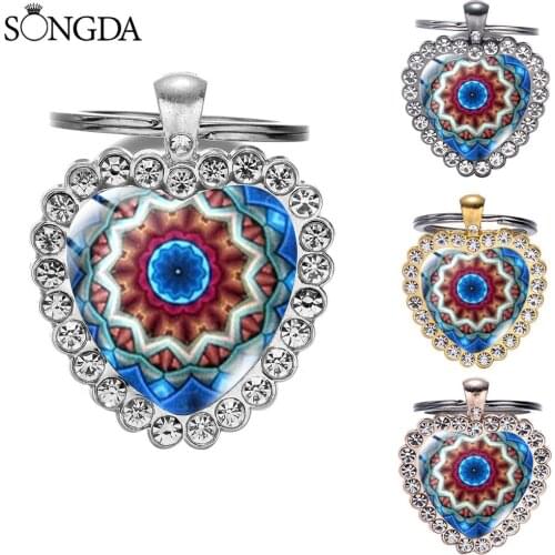 Indian Style Art Mandala Flowers Art Picture Keychain Inlay Sparkling Rhinestone Glass Heart Pendant Key Chain Women Men Gift