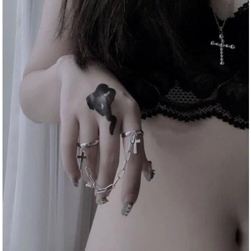 Retro Silver Color Plated Punk Hip-Hop Cross Ring Hand Finger Chain Adjustable Rings Jewelry Gift for Men Women Unisex Ring