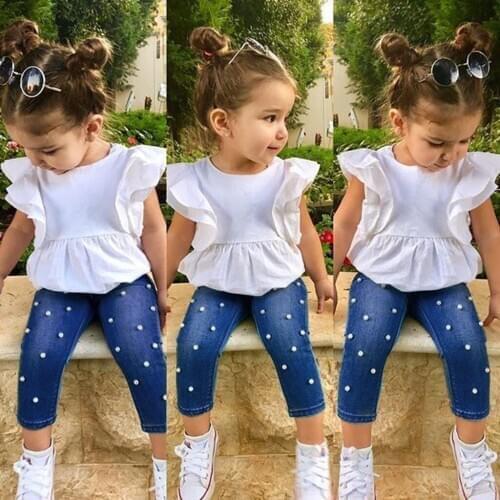 TELOTUNY Childrens clothing Toddler Kids Baby Girls Outfits Solid Fly Sleeve Ruffles T-shirt Tops+Pearl Denim Pants Jeans Set