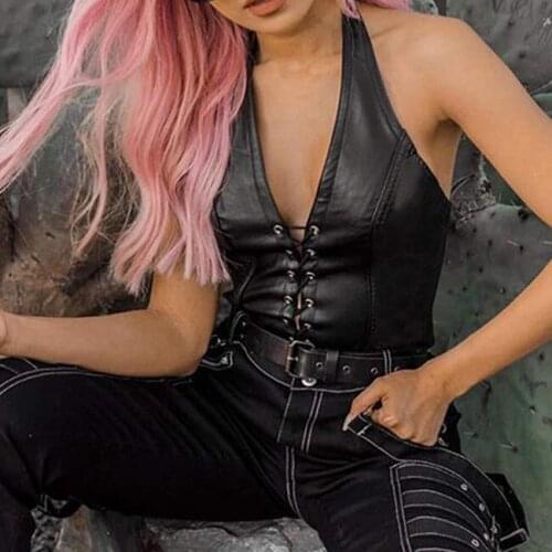 Sexy Punk Black Leather Crop Top Womens Hollow Backless camisole 2021 Summer Vest Fashion Club Party Wear Tank Tops