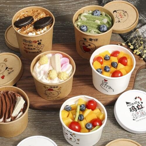 25pcs Net red round ice cream cup disposable kraft paper bowl takeaway food packaging salad dessert cups with lids 12oz/16oz