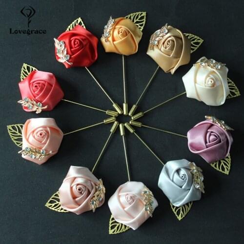 Lovegrace Wedding Corsages and Boutonnieres Flowers Silk Roses Golden Leaves Boutonniere Mariage Red Wedding Corsage Brooch Pins