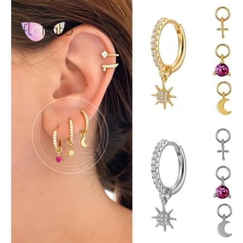 Minimalist two Hoop Earrings+four small pendants moon/star/cross/bead 925 Sterling Silver Earrings for Women Fashion Jewelry