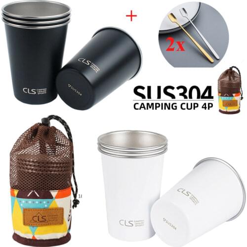 4pcs Outdoor Camping Cup Set Tableware Travel Cups Set Stainless Steel Picnic Water Milk Coffee Tea Cups with Storage Bag Spoon
