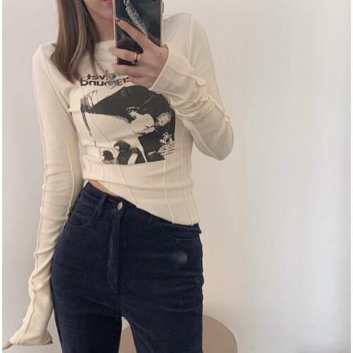Toevallige Slanke T-shirt Voor Vrouwen Lange Mouw Sexy Crop Top Grunge Letters Print Vrouwelijke Koreaanse Mode Kleding 2021