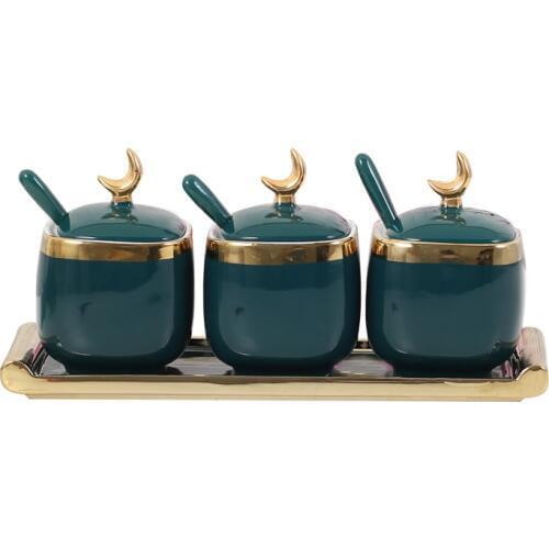 Northern European Light Luxury Emerald Ceramic Sugar Cans Salt MSG Jar Seasoning Jar Seasoning Box Four-piece Household Set