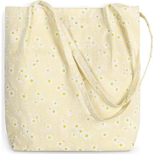Women Canvas Shoulder Bags Daisy Print Design Ladies Floral Handbag Casual Tote Literary Books Bag Eco Cloth Purse Shopping Bag