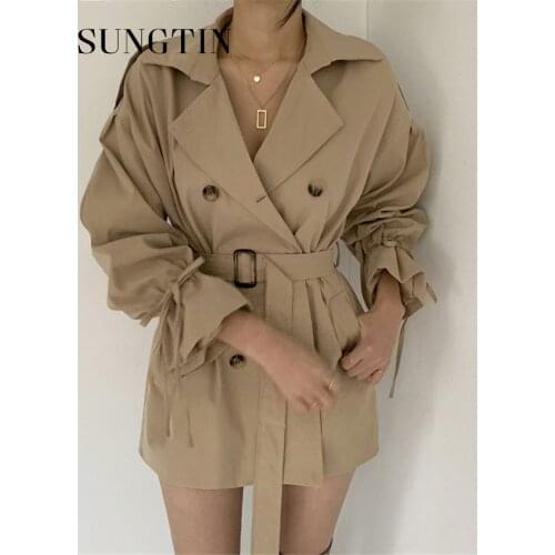Sungtin Korea Short Black Trench Coat for Women Autumn Trumpet Sleeve oversized Outwear Chic Casual Female Khaki Windbreake 2021