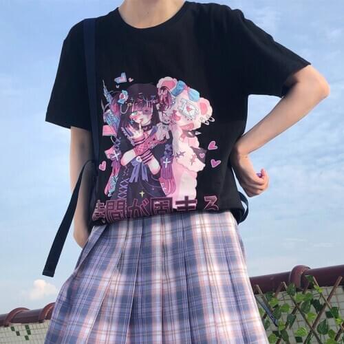 Y2K Gothic Punk Grunge Streetwear Top Harajuku Clothes Short Sleeve Japanese Vintage Anime Print Cotton Black Dark Women T-Shirt