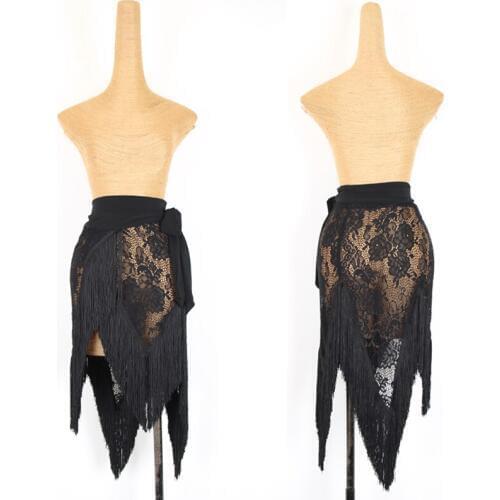 Latin Dance Skirts Sexy Seethrough Lace Hip Scarf Irregular Fringe Skirt Cha Cha Salsa Samba Tango Rumba Practice Clothes DN4025