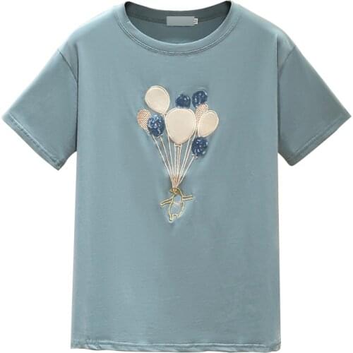 Short-Sleeve Womens 2021 Summer Sequined Embroidered Balloon Candy Color Loose Top Female Korean Version T-Shirt 504