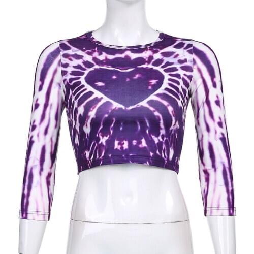 Women Y2K Aesthetic Tie Dye Printed Cropped T-shirt Long Sleeve Graphic T Shirts Heart Pattern Cute Kawaii E-Girl Clothes