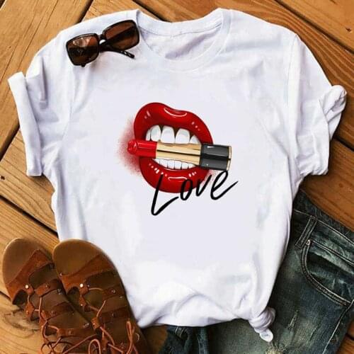 Harajuku Red Lipstick T Shirt Women Perfumer Floral T-Shirts Girl Summer Shirt Lady Casual Sexy Lip T-shirt Gift for Girlfriend
