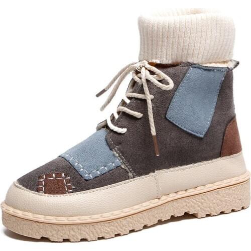 CUZULLAA Winter Plush Lining Women Patchwork Ankle Boots High Shoes Lady Turned-Over Edge Boots Female Booties Size 35-40