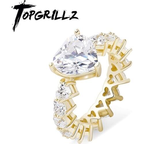 TOPGRILLZ 2020 New Heart Rings High Quality Copper Gold Color Iced Out Cubic Zirconia Rings Hip Hop Fashion Jewelry Gift Women