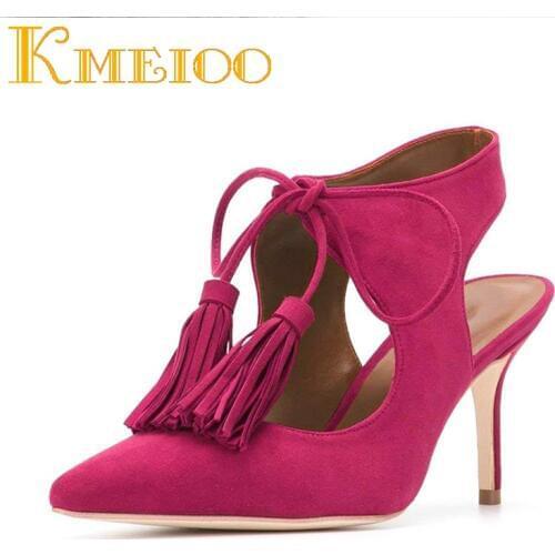 Kmeioo Women Shoes Fringe Pumps Slingback Pumps Lace Up High Heels Pointed Toe Stiletto Party Evening Wedding Shoes