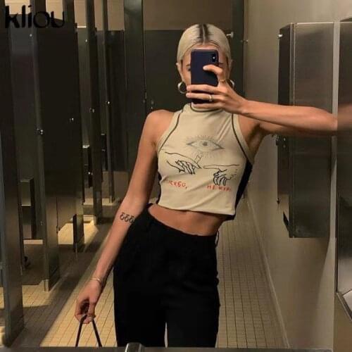 Ladies Summer Racer Vest GirlS Finger Eye Letter Print Half-Height Round Neck Sleeveless Top Slim Bottoming Shirt Small Vest