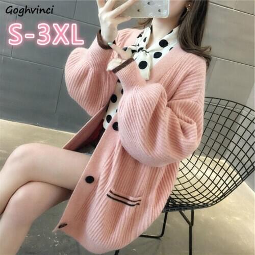 Sweaters Women Autumn Pockets Puff Sleeve Solid Cardigan Plus Size 3XL Elegant All-match Warm Knitting Sweater Preppy Style New