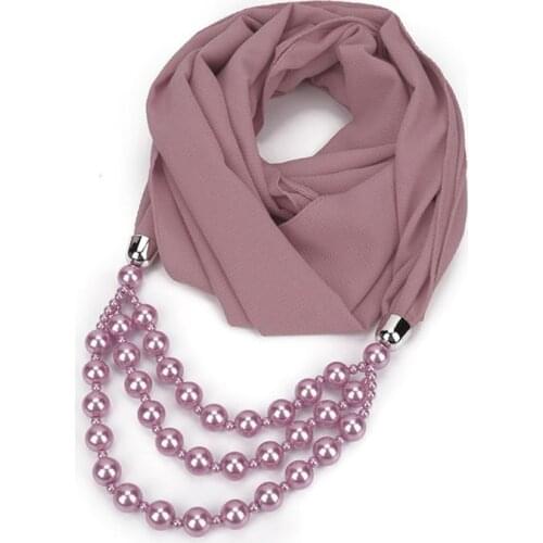 Vintage Ethnic Womens Solid Color Chiffon Infinity Scarf with Large Imitation Pearl Beading Chain Pendant Jewelry Necklace