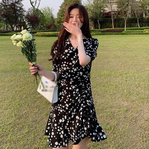 Summer V-Neck French Style Dress Retro Casual Sweet Temperament Ruffle Short-Sleeved Floral Printed Slim Waist Dress