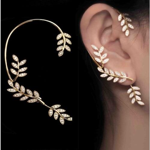 Classic Fashion Romantic Sweet Leaf Rhinestone Elf Ear Hook Earrings Womens Gift Daily Matching Gift Party korean earrings