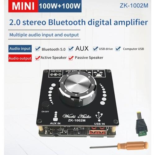 2*100W Bluetooth 5.0 ZK-1002M Audio Power Amplifier Stereo HiFi Class Digital 20-200W USB AUX Sound Card Mini Music AMP