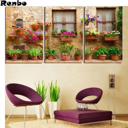 DIY 3pcs Diamond Embroidery gardening scenery flower 3D Full Drill 5d Diamond Mosaic Cross Stitch Triptych Painting Decor Gifts