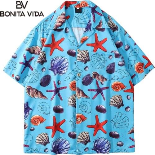 Bonita Vida Blouse Tops Men Hawaiian Summer Casual Streetwear Shell Starfish Print Short Sleeve Shirts Harajuku Hip Hop Shirts