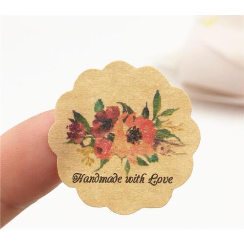 60pcs, Handmade with Love Flower Self-adhesive Gift Packaging Paper Labels Stickers Diameter 3cm for envelope/gift box/bottle