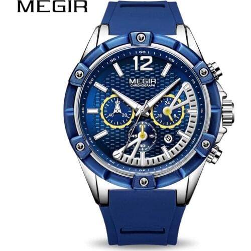 MEGIR Silicone Blue Quartz Watches Men Top Brand Luxury Sport Wrist Mens Watch Male Chronograph Watch Clock Relogio Masculino