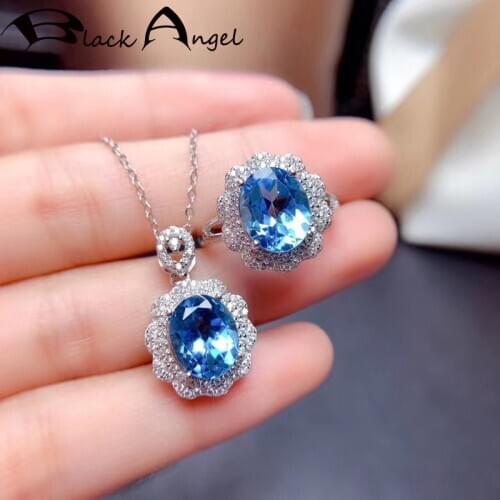 BLACK ANGEL Fashion Luxury Oval Light Blue Topaz Gemstone Pendant Necklace Set For Women 925 Silver Jewelry Christmas Gift