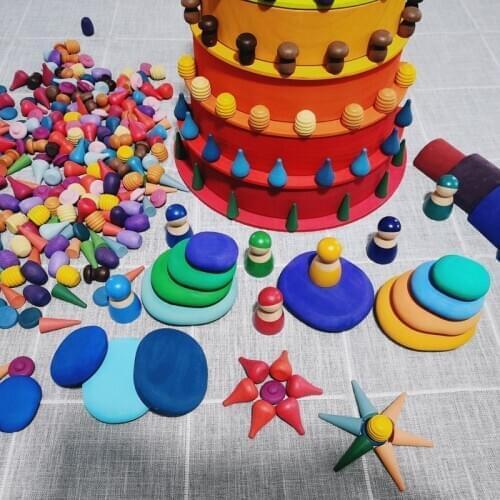 Kids Wooden Toys Rainbow Block Loose Parts Mushroom Honeycomb Droplets Tree cones Cones Creative Building Blocks for Children