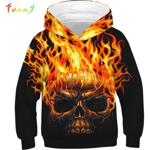 Kids Hoodies Sweatshirts for Boys Girls Spring 2020 Long Sleeve Hooded Flaming Skull 3D Print Childrens Hoodie Boy Clothes