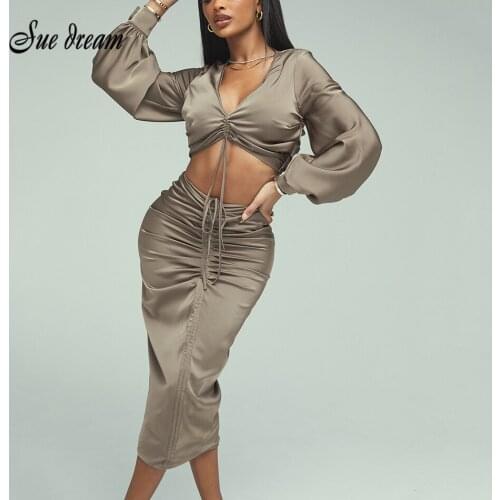 Elegant Summer Womens Set 2021 Sexy V-neck Long Sleeve Drawstring Draping 2-piece Set Fashion Short Top and Skirt Ladies Suit