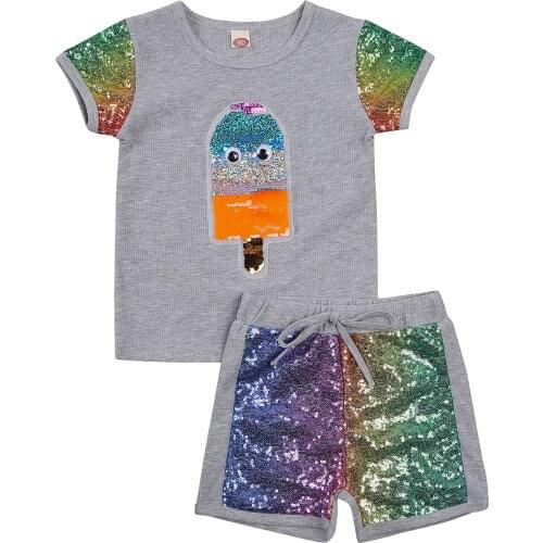 2 Pieces Kids Suit Set, Ice Cream Pattern O-Neck Short Sleeve Tops+ Sequins Shorts for Summer, Gray, 2-7 Years