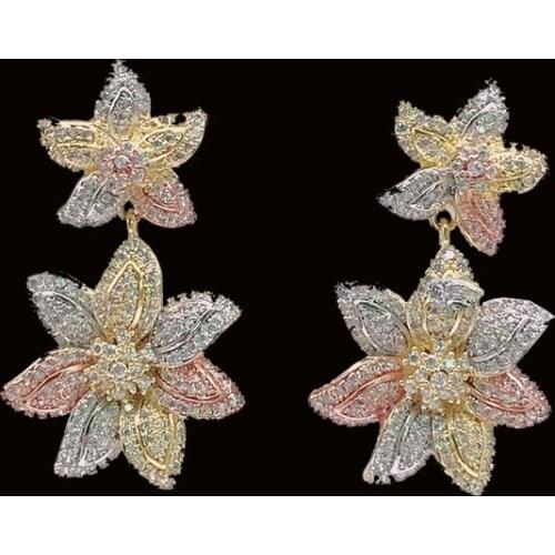 Lanyika Fashion Jewelry Graceful Blooming Flower Ear Drop Earrings Zircon Micro Plated Wedding Banquet Party Best Gift