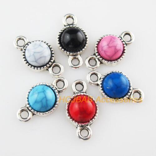 Fashion 12Pcs Tibetan Silver Round Mixed Stone Charms Pendant Connectors 10x18.5mm