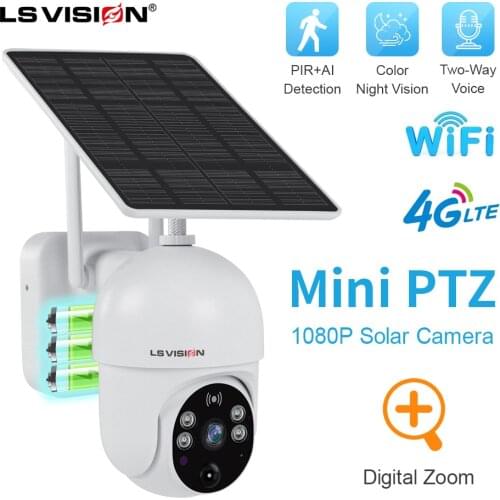 LSVISION Outdoor Solar PTZ Camera 4G SIM Card 2MP WIFI Camera Waterproof Smart Home Motion Detection Two Way Audio Night Vision