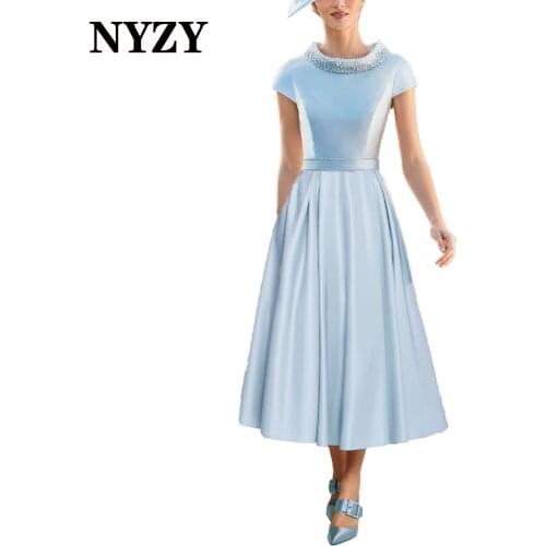 NYZY M393 Vintage Bowl Neck Tea Length Mother of the Bride Dresses 2021 Light Blue Wedding Party Dress Cocktail Evening Gowns