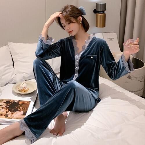 Winter New Gold Velvet Pajamas Womens Autumn Long Sleeve V-neck Warm Suit Sexy Lace Plus Size Homewear Women Sleepwear
